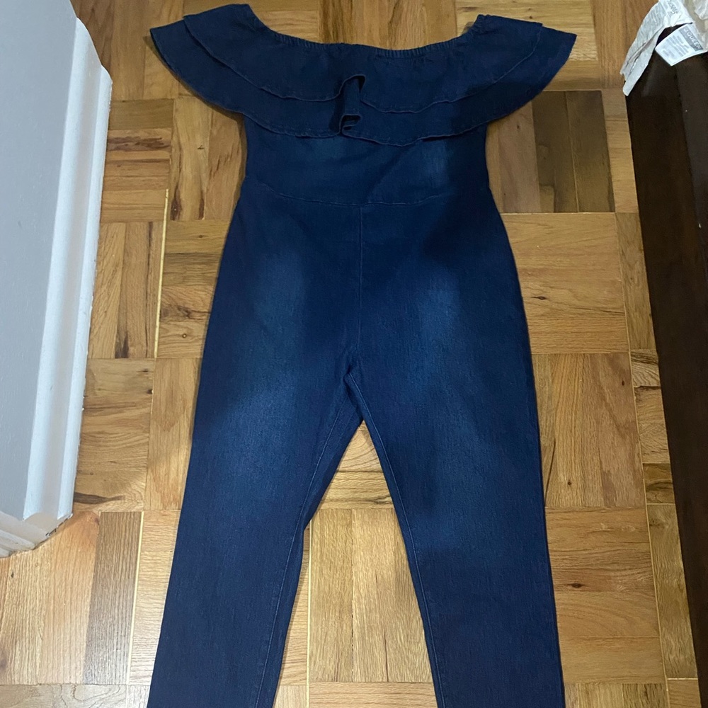 Fashion Nova Off Shoulder Ruffle Denim Jumpsuit